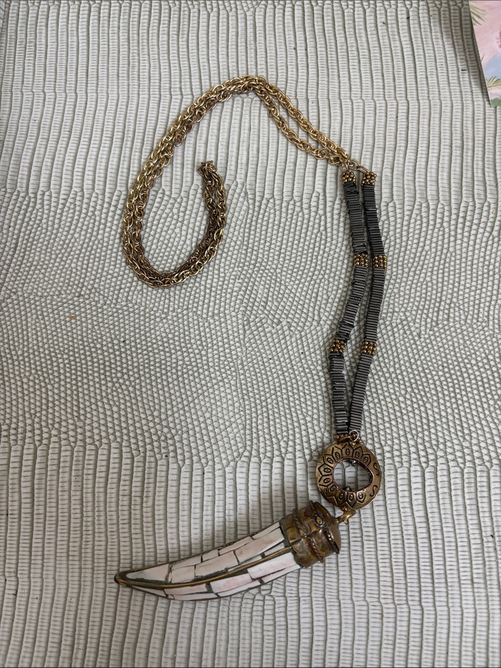 Long Gold and Gray Horn Pendant Necklace